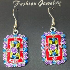 Silver tone Rectangular Flower Colorful Crystal Fishhook Drop Earrings - Red